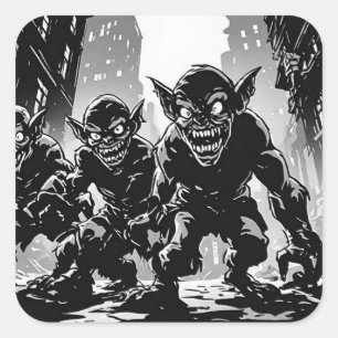 Goblin Demons Derelict City BW Retro Comic Style  Square Sticker