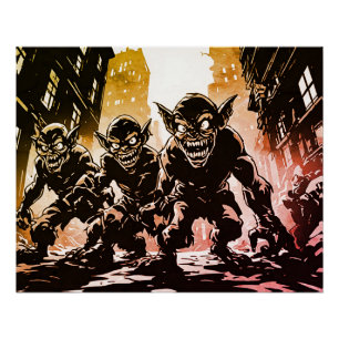 Goblin Demons Ruined City Retro 50s Graphic Style Poster
