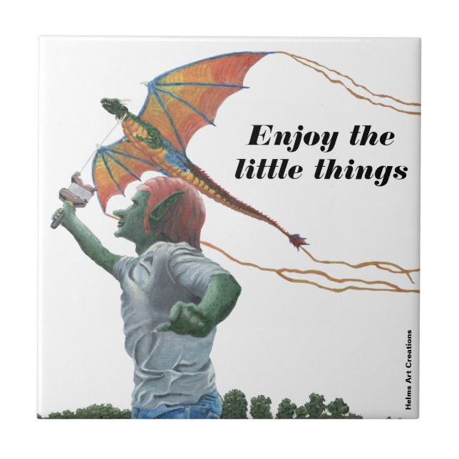 Goblin Flying Rainbow Dragon Kite Fantasy Art Tile (Front)