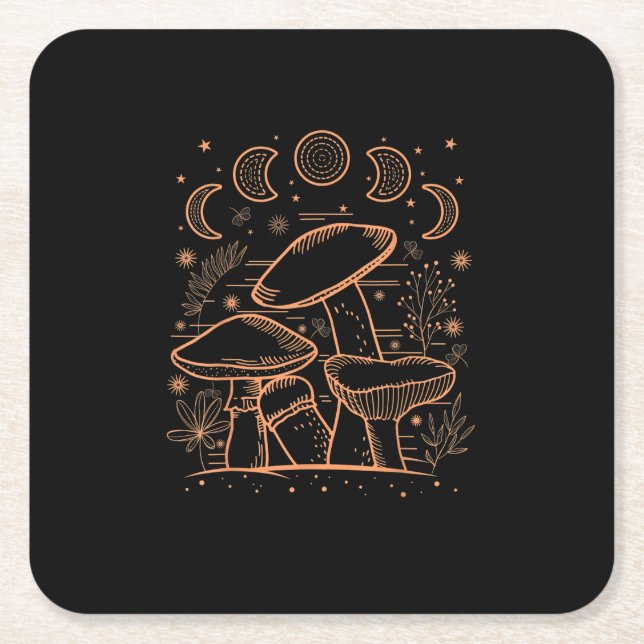 Goblincore Aesthetic Mushroom Fungi Academia Square Paper Coaster (Front)