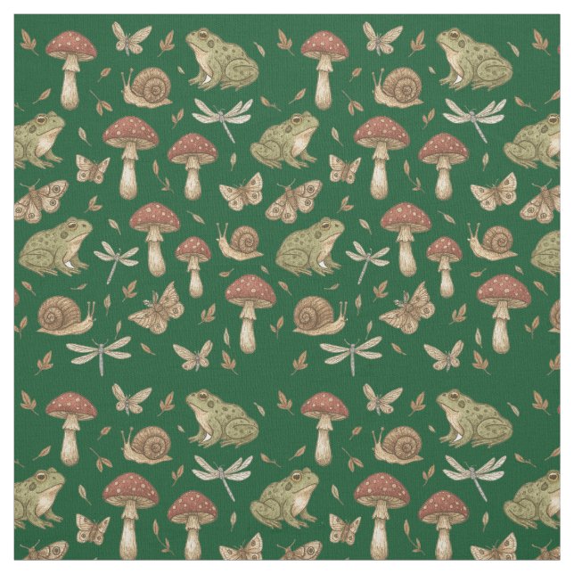 Goblincore Mushroom Frog Snail Dragonfly Pattern Fabric (Swatch)