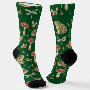 Goblincore Mushroom Frog Snail Dragonfly Pattern Socks