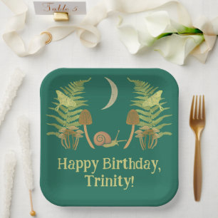 Goblincore Snail and Mushrooms Personalized Paper Plate