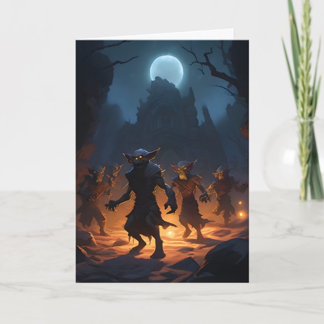 Goblins Come Out in Moonlight Halloween Holiday Card (Front)