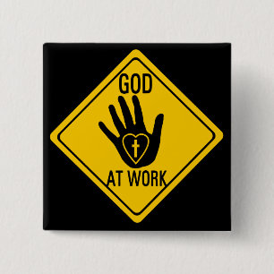 GOD AT WORK. HEALING HAND LOVE HEART CROSS JESUS 2 INCH SQUARE BUTTON