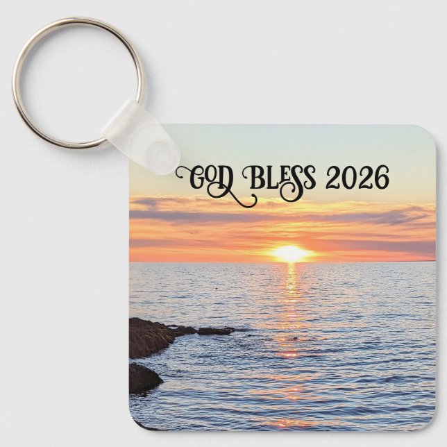 God Bless 2026 New Year Golden Sunset Photo Name Keychain (Front)