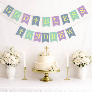 God Bless 6 Letters Blue Green Baptism Communion Bunting Flags