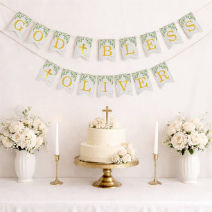 God Bless 6 Letters Foliage Gold Baptism Communion Bunting Flags