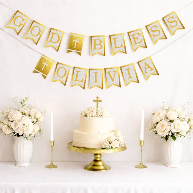 God Bless 6 Letters Gold Marble Baptism Communion Bunting Flags (Creator Uploaded)