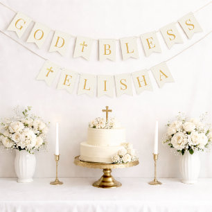 God Bless 6 Letters Ivory & Gold Baptism Communion Bunting Flags