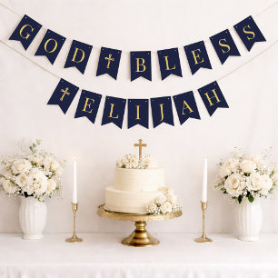 God Bless 6 Letters Navy & Gold Baptism Communion Bunting Flags