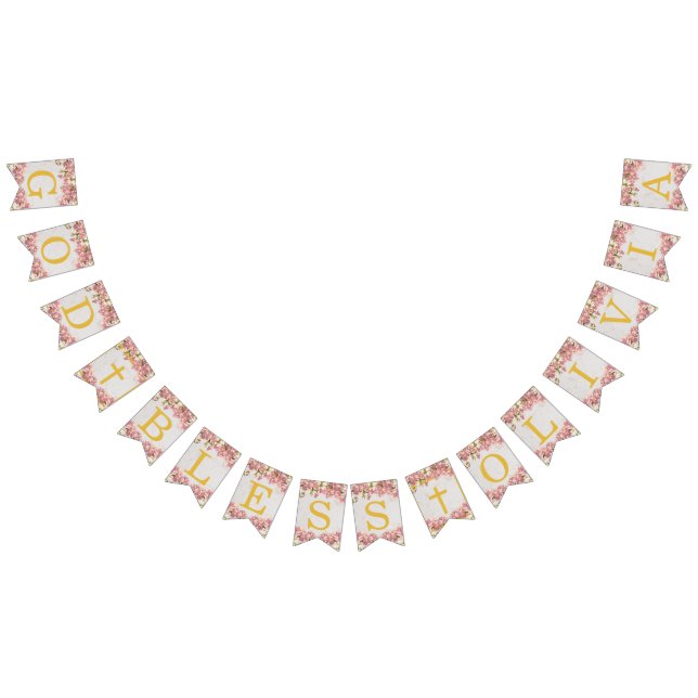 God Bless 6 Letters Pink Orchids Baptism Communion Bunting Flags (All)