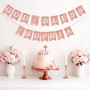God Bless 6 Letters Rose Gold Baptism Communion Bunting Flags