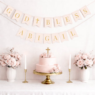 God Bless 7 Letters Blush & Gold Baptism Communion Bunting Flags