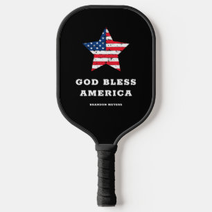 God Bless America   American Flag Star and Name Pickleball Paddle