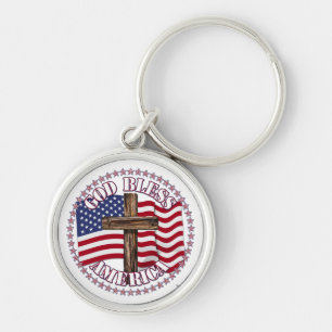 God Bless America and Cross With USA Flag 50 Stars Keychain