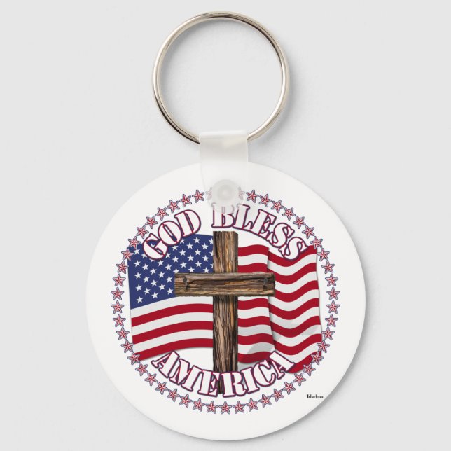 God Bless America and Cross With USA Flag 50 Stars Keychain (Front)