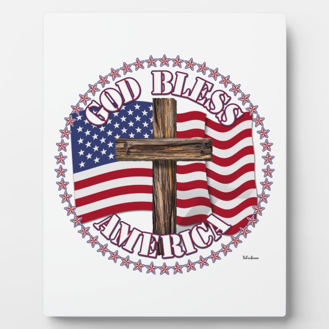 God Bless America and Cross With USA Flag 50 Stars Plaque (Front)