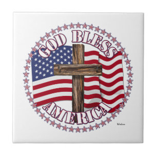 God Bless America and Cross With USA Flag 50 Stars Tile