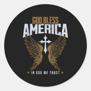 God Bless America Christian Cross & Angel Wing Classic Round Sticker