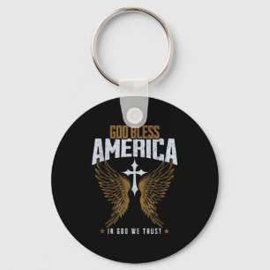 God Bless America Christian Cross & Angel Wing Keychain