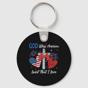 God Bless America Christian Heart Cross Jesus 4th Keychain