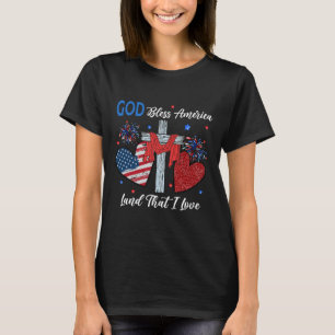 God Bless America Christian Heart Cross Jesus 4th  T-Shirt