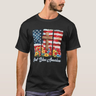 God Bless America Flag Cross Flowers Patriotic 4th T-Shirt