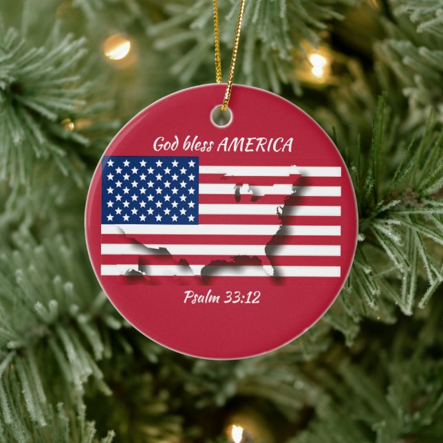 GOD BLESS AMERICA Flag Custom Scripture RED Ceramic Ornament (Tree)