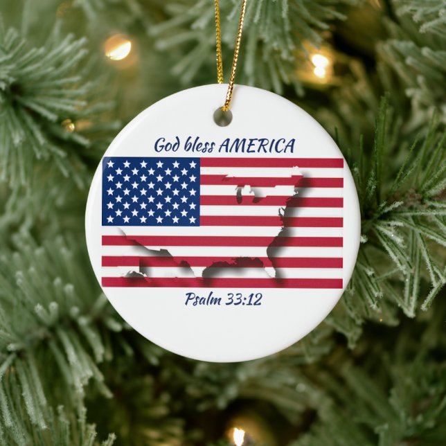 GOD BLESS AMERICA Flag Custom Scripture WHITE Ceramic Ornament (Tree)