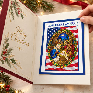 God Bless America Patriotic Christmas Nativity Holiday Postcard