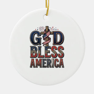 God Bless America Patriotic Cross Vintage Shirt_1 Ceramic Ornament