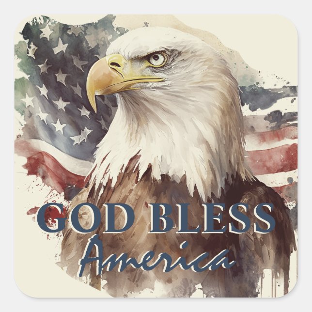 God Bless America Patriotic Eagle Watercolor Square Sticker (Front)