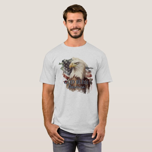 God Bless America Patriotic Eagle Watercolor T-Shirt (Front Full)