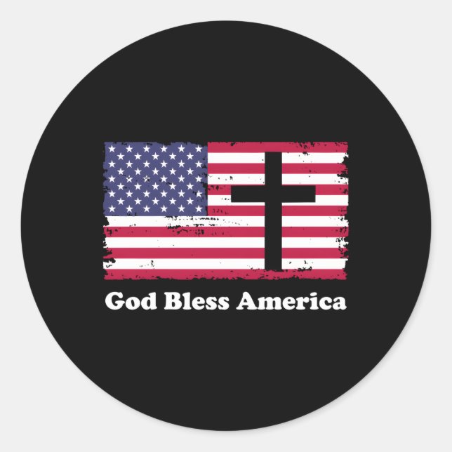 God Bless America Patriotic Flag With Cross Classic Round Sticker (Front)