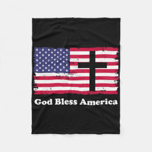 God Bless America Patriotic Flag With Cross Fleece Blanket