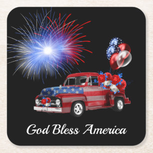 God Bless America Red White and Blue Fireworks    Square Paper Coaster