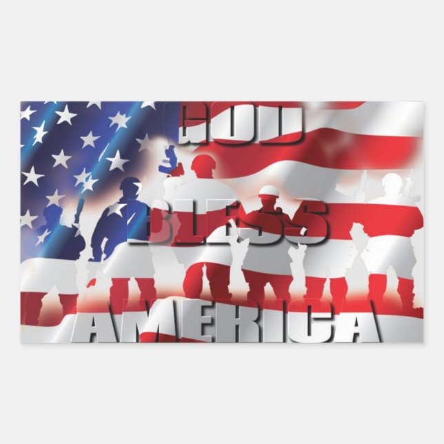 God Bless America Soldiers and the Flag Patriotic Sticker (Front)