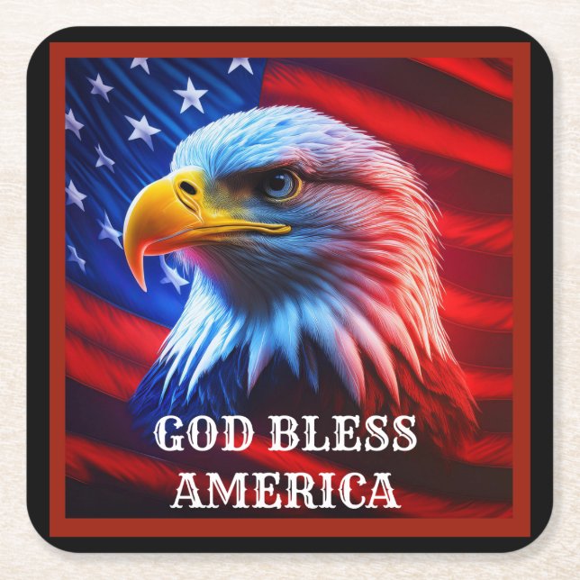 God Bless America US Flag Bald Eagle Square Paper Coaster (Front)