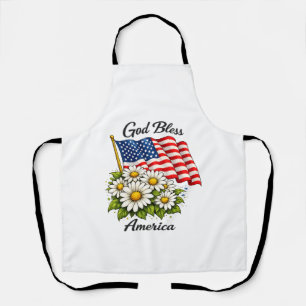 God Bless America USA Flag and Daisies Floral Art Apron