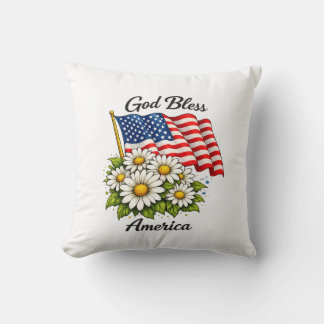 God Bless America USA Flag and Daisies Floral Art Throw Pillow