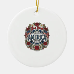 God Bless America Vintage Patriotic Floral Ceramic Ornament