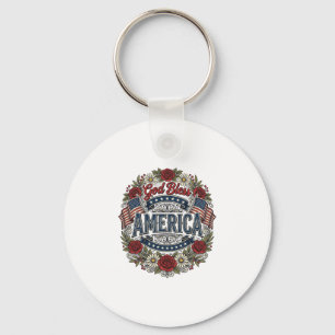 God Bless America Vintage Patriotic Floral Keychain