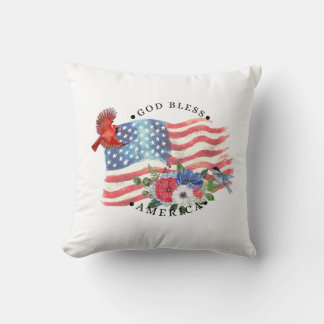 God Bless America Watercolor Flag/Flowers/Birds 3 Throw Pillow