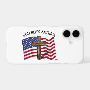 GOD BLESS AMERICA with rugged cross & US flag