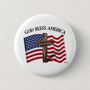 GOD BLESS AMERICA with rugged cross & US flag 2 Inch Round Button