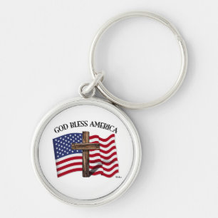 GOD BLESS AMERICA with rugged cross & US flag Keychain