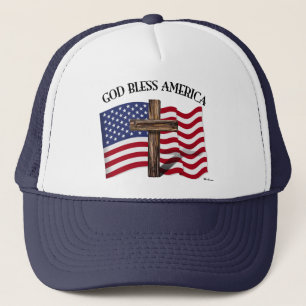 GOD BLESS AMERICA with rugged cross & US flag Trucker Hat