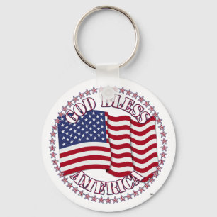 God Bless America With USA Flag And 50 Stars Keychain