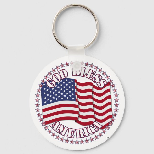 God Bless America With USA Flag And 50 Stars Keychain (Front)